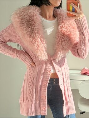 Pink Faux-Fur Collar Cable Knit Cardigan Sweater